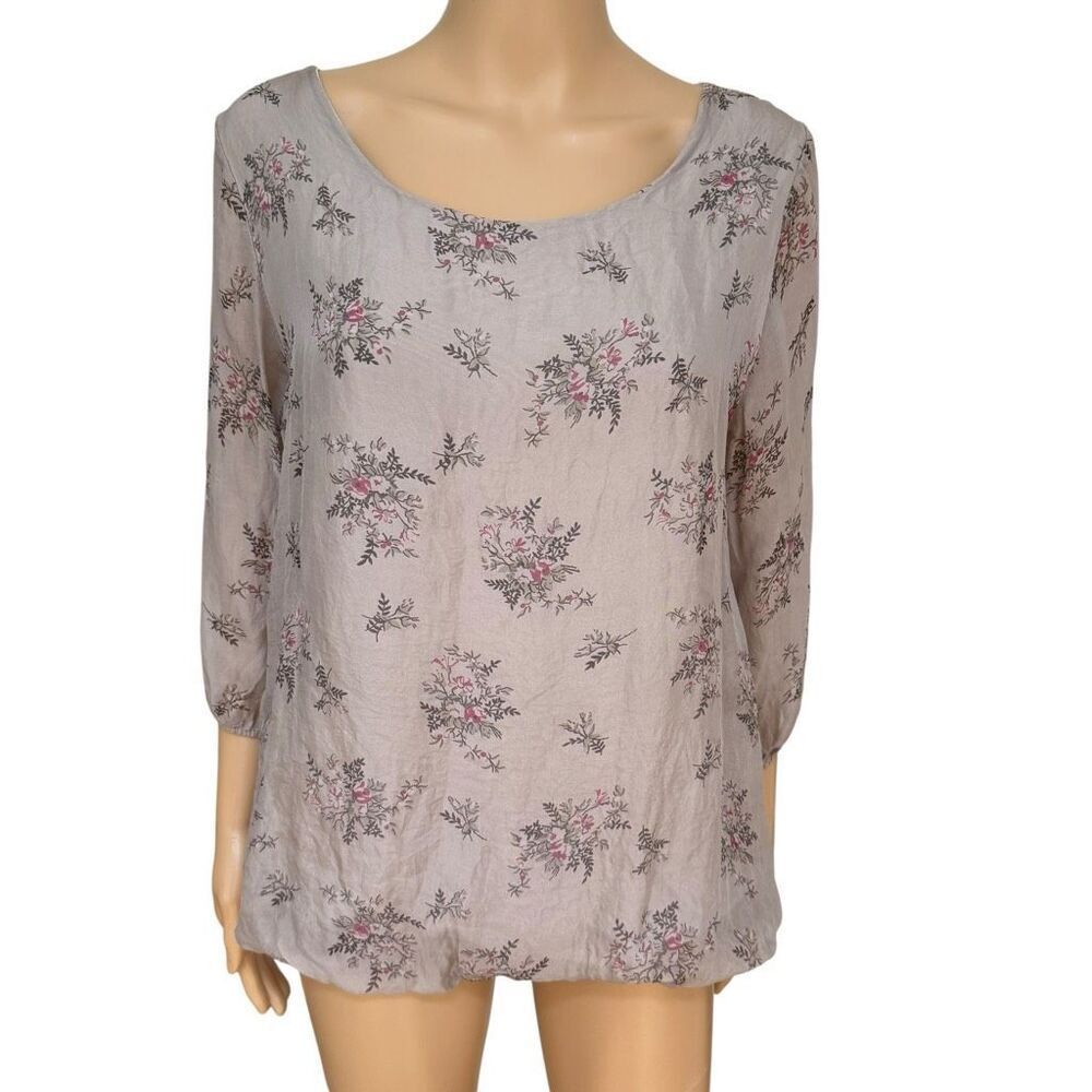 GUISY 100% Silk Floral Blouse Gray Pink 3/4 Sleeve Scoop Neck Women’s M